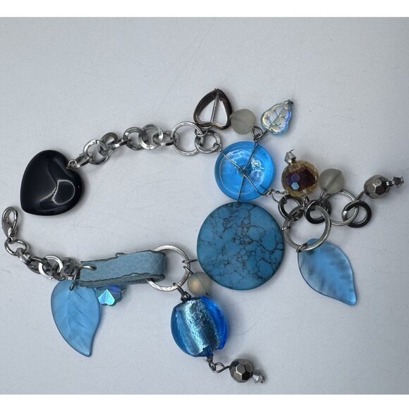 BLUE FOIL GLASS Beads Bracelet Whit Mix Materials And Silver Tone - Picture 1 of 9